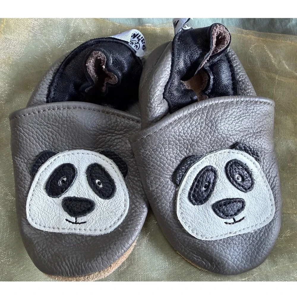 PanKola Baby Soft Sole Leather Booties Grey Panda Infant Shoes 6-12M